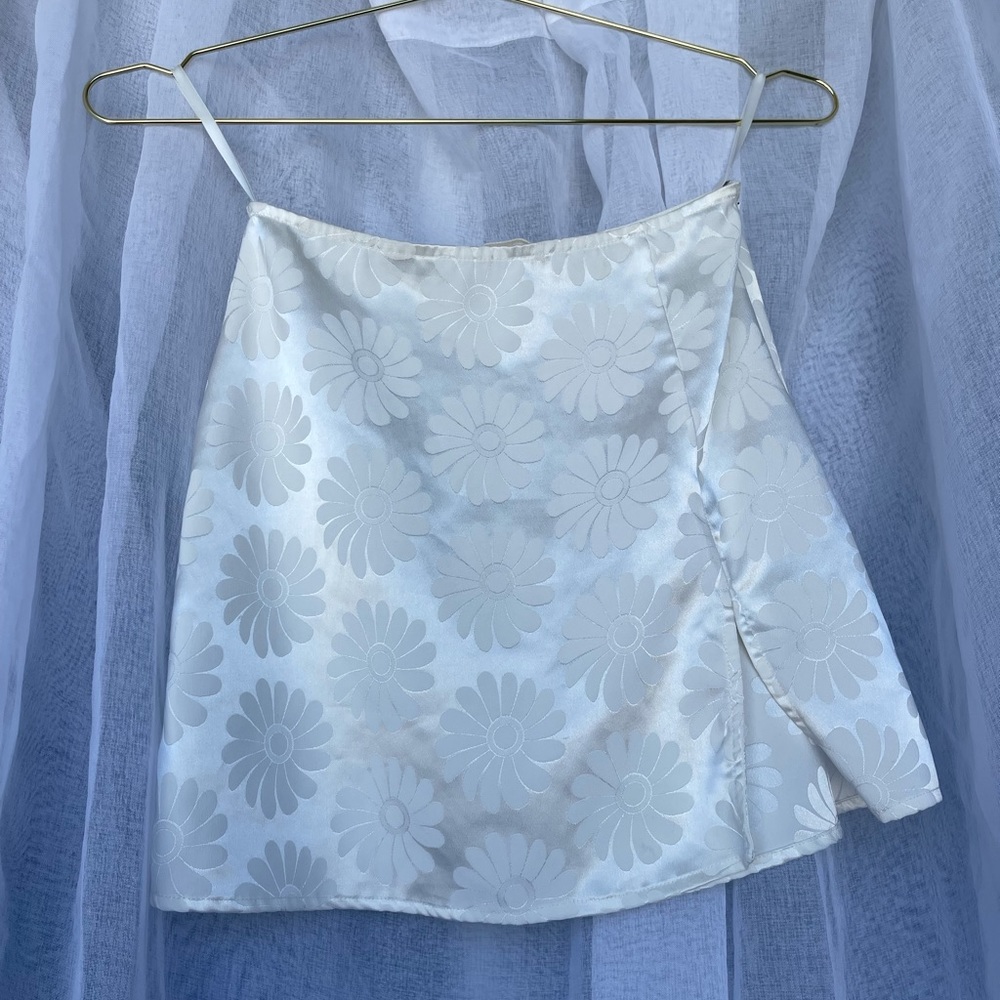 Satin White Flower Mini Skirt